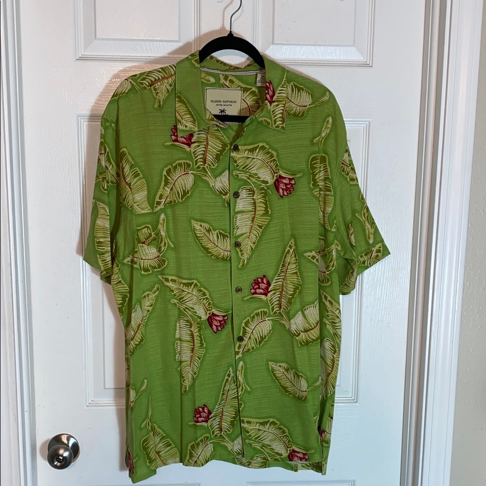 Island Republic Tropical Green and Red Men's Button Down Short Sleeve Shirt 2XL